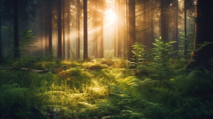 Fototapeta premium Silent Forest in spring with beautiful bright sun rays. Generative AI