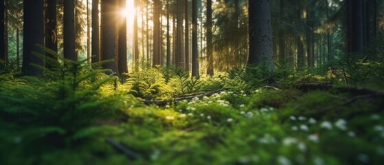 Silent Forest in spring with beautiful bright sun rays. Generative AI