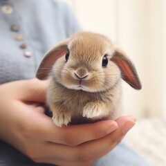 Front view of white cute baby holland lop rabbit standing on pink background. Lovely action of young rabbit. Generative AI