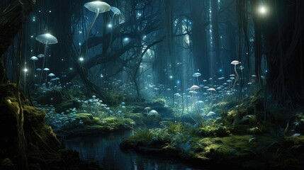 A forest with glowing mushrooms and a dark sky with a mysterious energy.