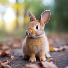 Fototapeta premium Front view of white cute baby holland lop rabbit standing on pink background. Lovely action of young rabbit. Generative AI