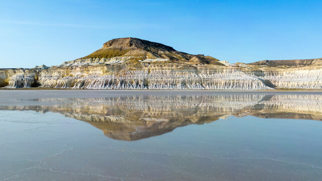 Tuzbair salt lake in Mangystau, Kazakhstan. Aerial photogpraphy.