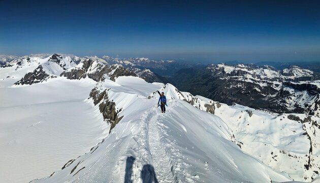 Backcountry ski tour on the Clariden in Glarus Uri. Summit ridge on the highest point of the mountain tour. High quality photo