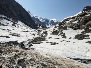 Steisee on Susten Pass. Glacier from the Steingletscher to the Sustenhorn. spring in the mountains. Sustenpass Bern. High quality photo