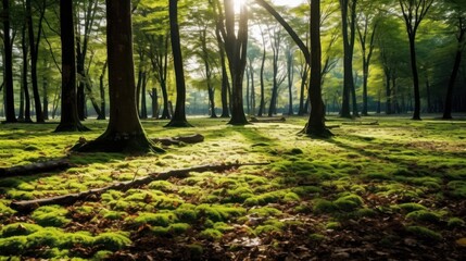 Obraz premium Silent Forest in spring with beautiful bright sun rays. Generative AI