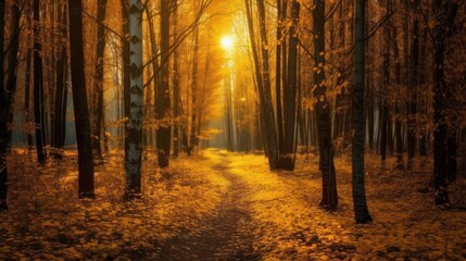 Sunny Forest in Autumn with beautiful bright sun rays. Generative AI