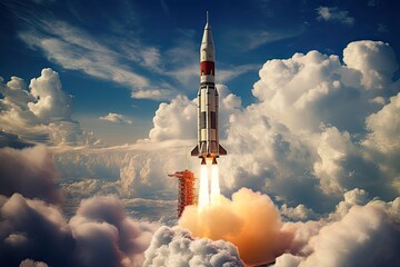 A rocket after its launch, leaving the Earth under clouds.