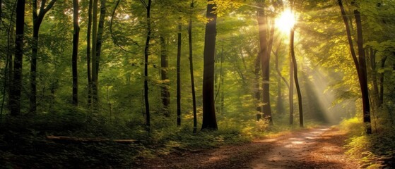Fototapeta premium Silent Forest in spring with beautiful bright sun rays. Generative AI