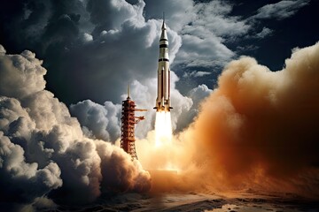 A rocket after its launch, leaving the Earth under clouds.
