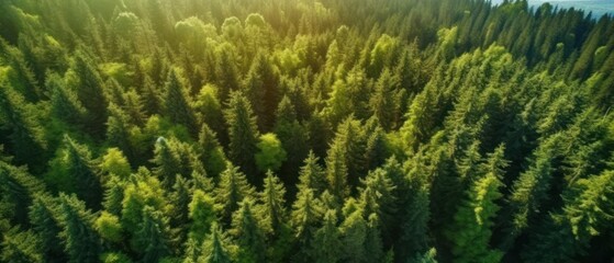 Fototapeta premium Aerial top view of green trees in forest. Pine forest of lush trees. Generative AI