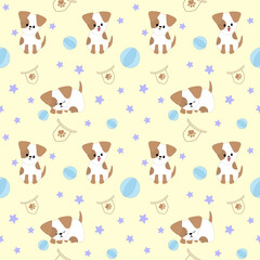 seamless pattern with dogs, stars and balls on light background.
