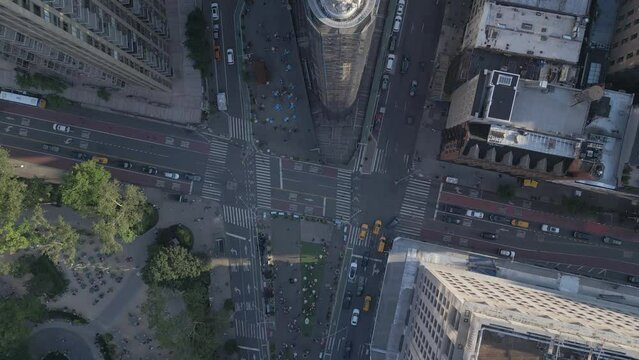 overhead flying south over Flatiron Building in Chelsea NYC