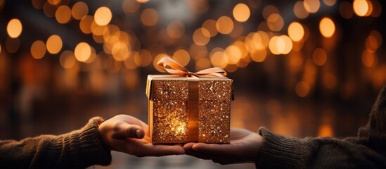 Illustration of a gift box in hand with a Christmas background, AI Generated