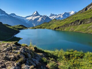 Mountain lake in the bernese oberland. Bachsee near Grindelwald and Interlaken. Beautiful sunrise mood. Bachsee. High quality photo