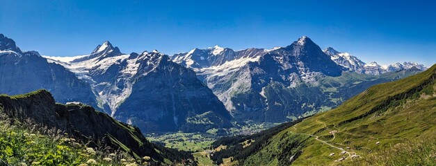 Nice Panorama  view above grindelwald towards fischerhhorn schreckhorn and eiger. Hiking from First to Faulhron. High quality photo