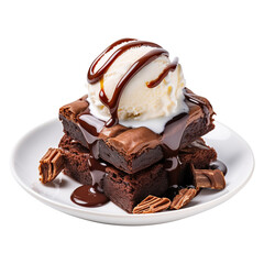 Chocolate Brownie cake on plate with Ice cream on transparent background Remove png created with Generative AI, Clipping Path