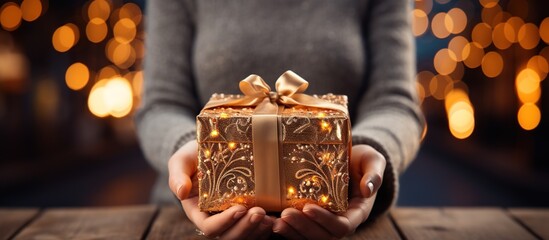 Fototapeta na wymiar Illustration of a gift box in hand with a Christmas background, AI Generated