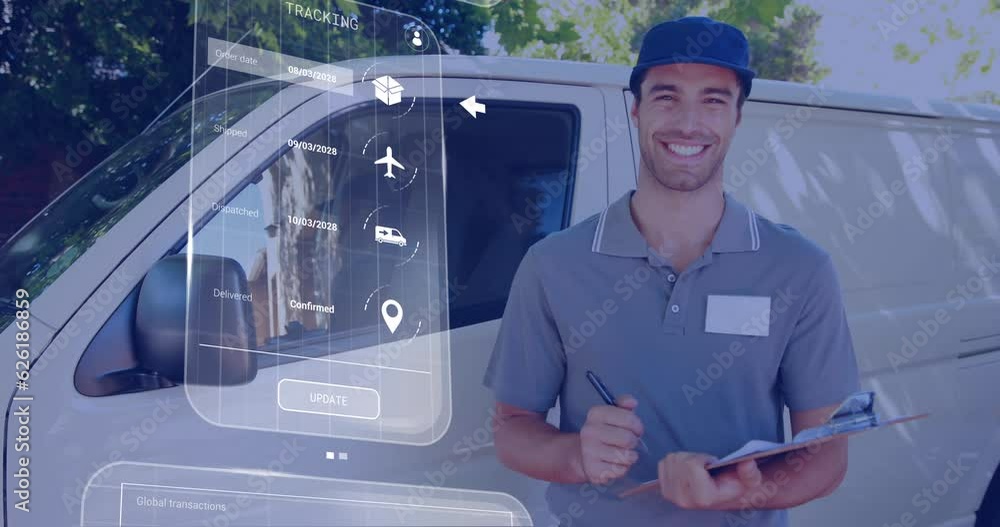 Poster animation of data processing on screen over caucasian delivery man by van