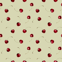 Watercolor illustration of a seamless pattern with a berry cherry with twigs on a light background. Endless repeating print background. For fabric, textiles, clothing, prints, wallpaper, posters