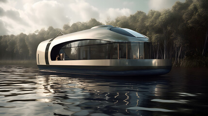 Elysian Serenity: The Premium Minimalist Houseboat of the Future, AI Generative - obrazy, fototapety, plakaty