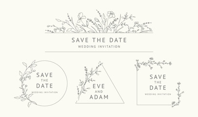 Naklejka na ściany i meble Elegant minimalist frames, logo templates with hand drawn flowers and leaves, floral design ink line style. Vector for wedding invitation, save the date, greeting card, label, corporate identity 