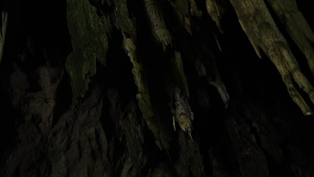Famous Tham Lod limestone cave system wall surface in Northern Thailand. High quality 4K travel adventure nature exploring concept footage.