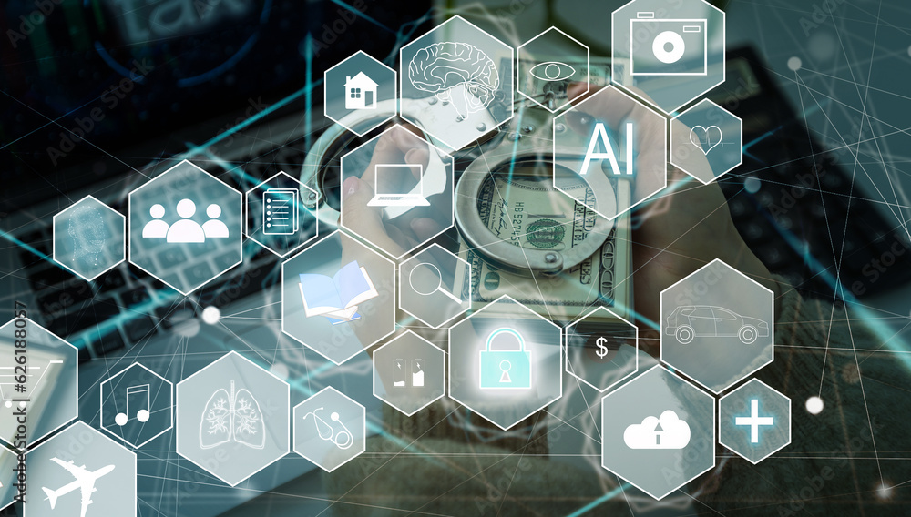 Poster artificial intelligence ai, internet of things iot. business man using laptop computer on technology