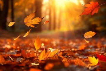 Naklejka na ściany i meble Lively closeup of falling autumn leaves with vibrant backlight from the setting sun. created generative ai.