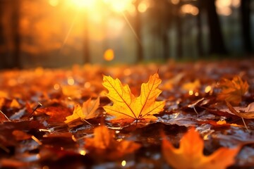 Naklejka na ściany i meble Lively closeup of falling autumn leaves with vibrant backlight from the setting sun. created generative ai.
