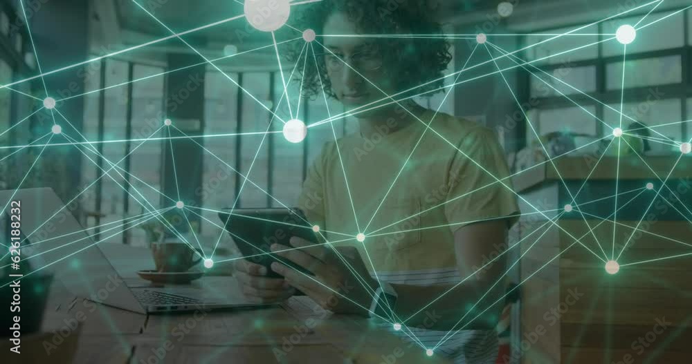 Poster animation of network of connections over biracial man using tablet
