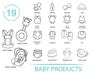 Baby Product editable stroke outline icons set. baby carrier, car seat, potty, teether, onesies, bottle, pacifier, swaddle. Vector illustration.