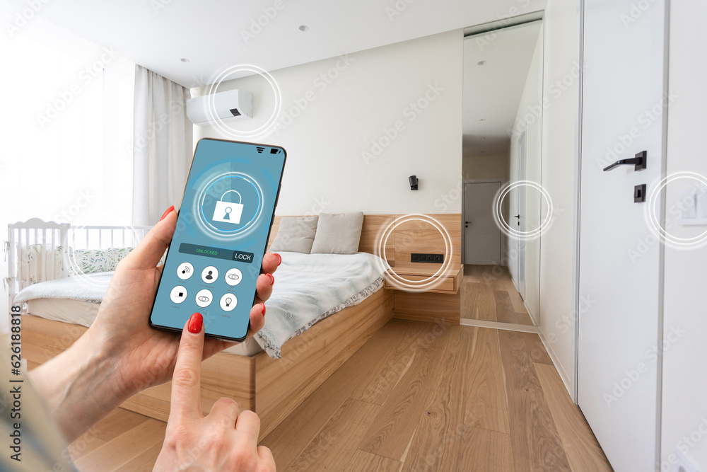 Poster smart home technology interface on smartphone app screen with augmented reality (ar) view of interne