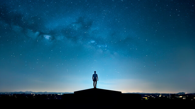 Silhouette of a man standing on top of a building and looking at the starry sky.