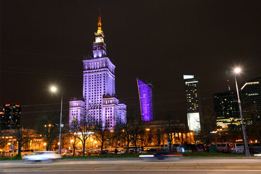 Warsaw, Mazovia, Poland, Europe - Palace of Culture and Science seen from Marszalkowska street at night