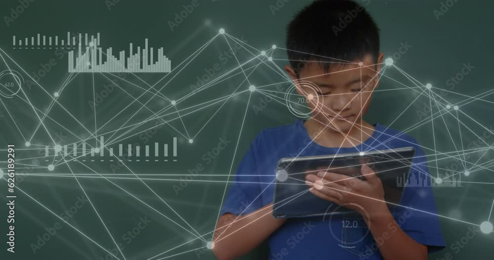 Poster animation of data and network of connections over biracial schoolboy using tablet