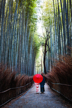 Couple in kimono at Arashiyama bamboo grove, Kyoto, Japan