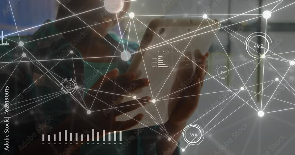 Poster animation of data and network of connections over biracial man using tablet