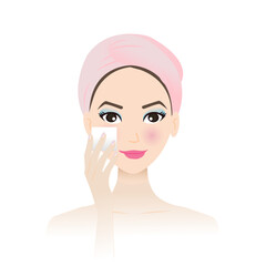 Cute woman remove makeup from face vector on white background. Step of makeup removal with remover cotton pad, removing powder, foundation, blush on from cheek. Skin care and beauty concept.