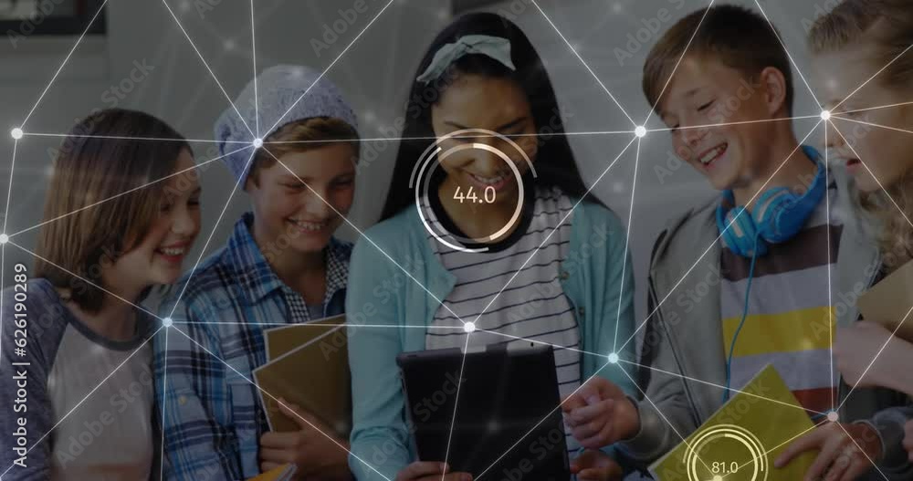 Poster animation of data and network of connections over diverse schoolchildren using tablet