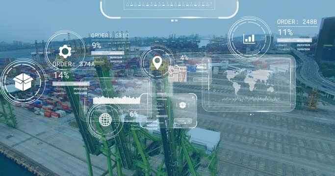Animation of data processing on screens over shipyard
