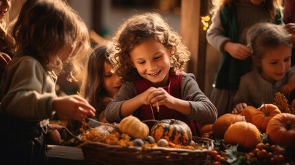 Children eagerly helping with the Thanksgiving decorations, their excitement adding joy to the festivities
