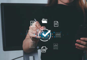 Businesspeople writing virtual glowing correct sign mark and document for online approve paperless...