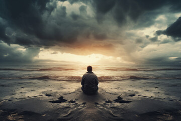 Lonely, depressed man standing alone on a desolate beach, burdened by negative thoughts. Depression and anxiety concept. Ai generated