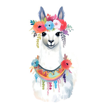 AI-Generated illustration of a floral llama - Watercolor Style