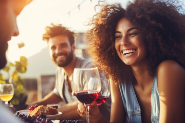 Group of happy friends dining and drinking red wine at the dinner party, Focus on wine glass