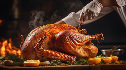 A pair of hands skillfully carving a perfectly roasted turkey, ready to be shared with loved ones,thanksgiving