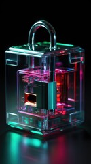 A clear plastic box with a handle and a lock. Cyber security to safeguard your cryptocurrency wallet.