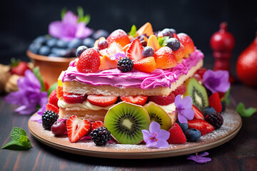 Obraz na płótnie Canvas Luscious summer cake adorned with a vibrant mix of tropical fruits, exuding the essence of a delightful summer dessert concept. Ai generated