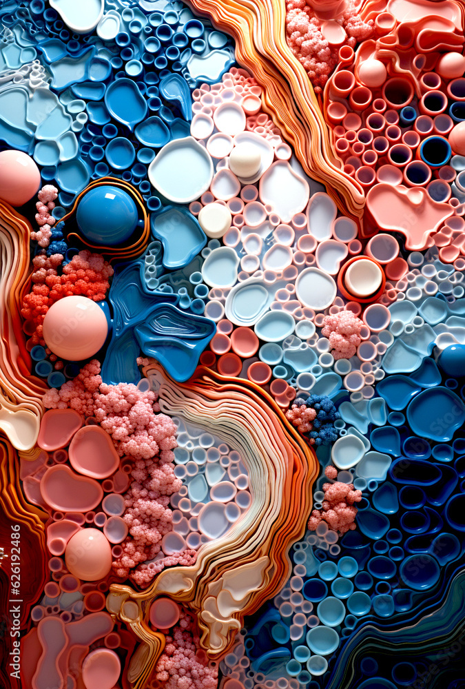 Poster abstract coral-colored marine background with circles and bubbles and curved waves. generated ai.