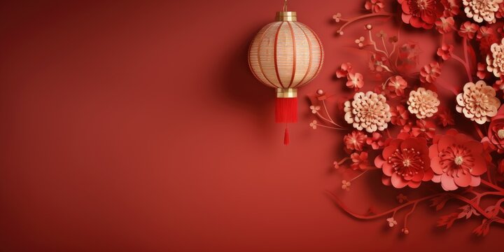 A chinese lantern hanging on a red wall. Elegant design for Chinese New Year greeting card. Copy space, place for text.